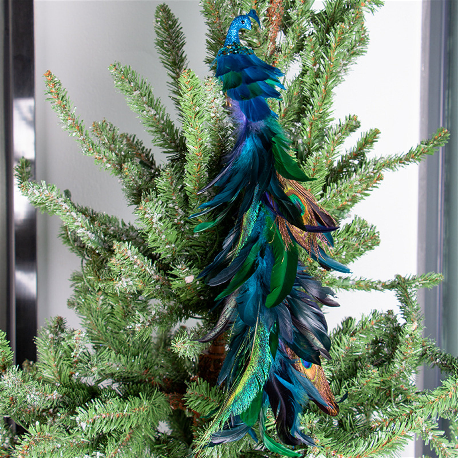Wangxldd Christmas Decorations Faux Peacock Ornaments,Glitter Blue Peacock Ornaments with Tail Feather Clip-On Decor Set for Christmas Tree